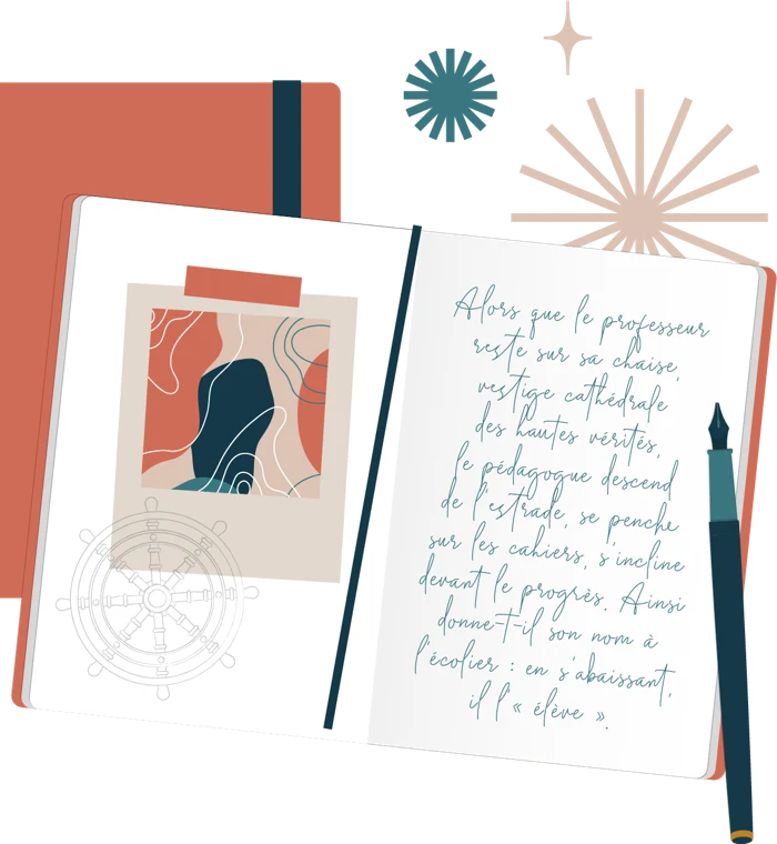 Illustration d'un carnet de formation ouvert, avec un texte manuscrit sur la pédagogie et un stylo plume