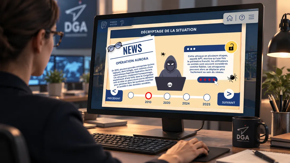 Une frise chronologique des cyberattaques marquantes, défense · cybersécurité, conçu par Les Façonautes