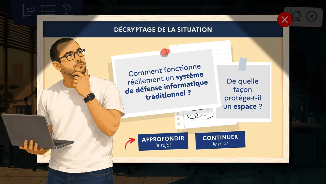 Décryptage de la situation : approfondir ou continuer le récit, défense · cybersécurité, conçu par Les Façonautes