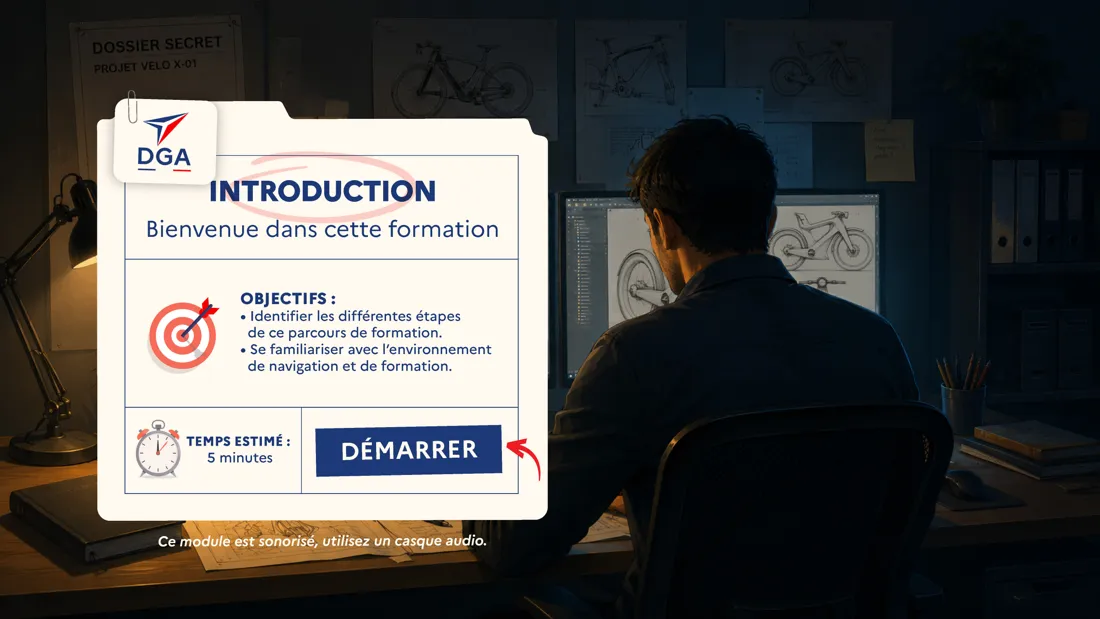 L'écran d'introduction d'un module scénarisé, défense · cybersécurité, conçu par Les Façonautes
