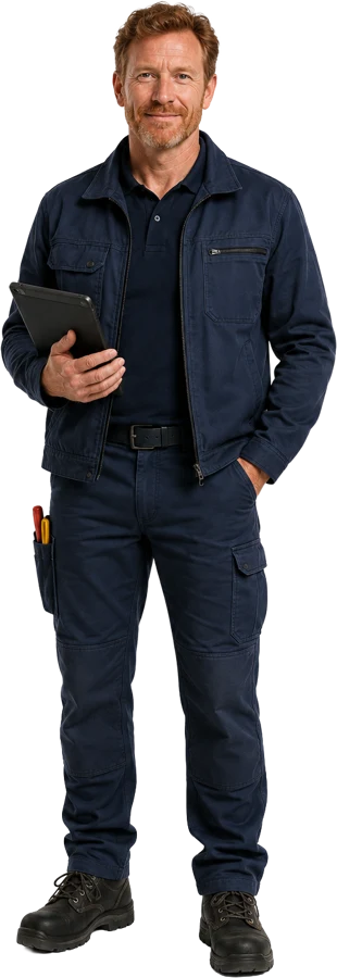 Personnage réaliste généré avec l'IA : un technicien avec sa tablette