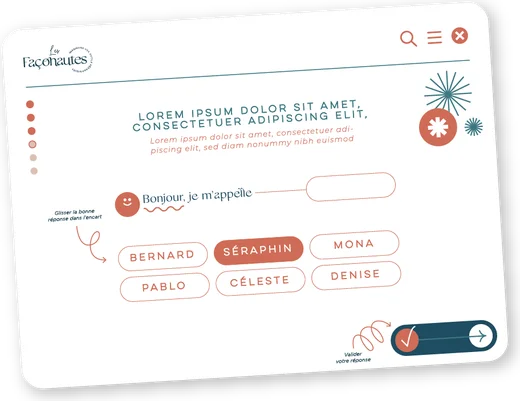 Écran de module e-learning aux couleurs des Façonautes, symbole de la création graphique
