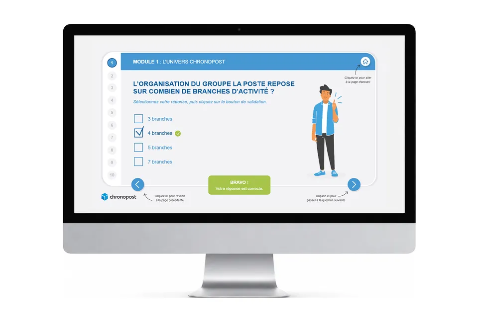 Écran de quiz e-learning Chronopost avec retour Bravo, votre réponse est correcte