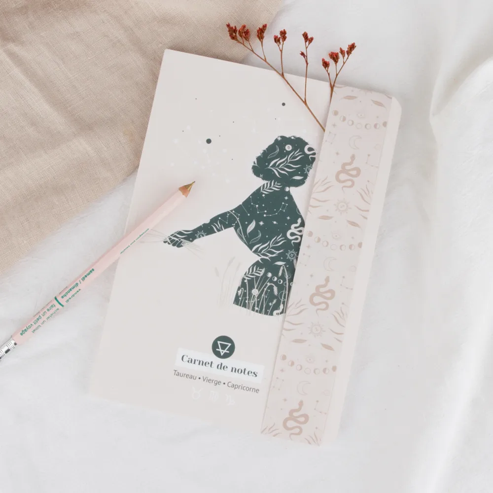 Carnet de notes Womoon Taureau, Vierge, Capricorne avec un crayon et une branche séchée