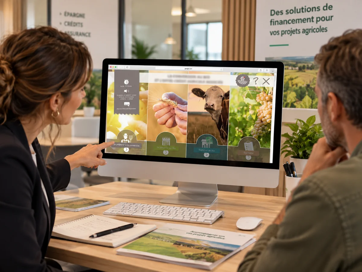 Une conseillère montre à un agriculteur le menu du parcours sur écran : se préparer à la conversion, se convertir au bio, exploiter en bio, synthèse