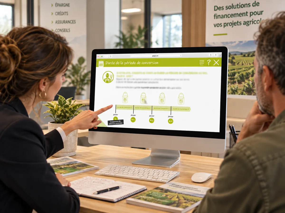 Une conseillère montre la frise « Durée de la période de conversion » à un agriculteur