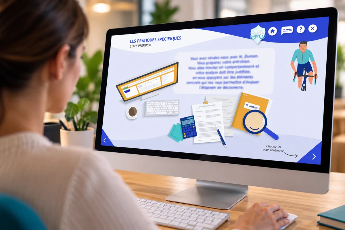 Une conseillère suit l'étape « Préparer » du module : préparation d'un rendez-vous avec M. Dumon
