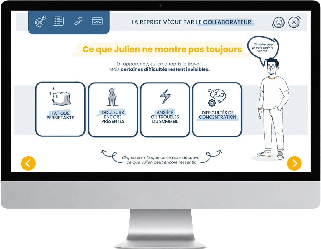 Écran du module Prévia : quatre cartes sur les difficultés invisibles de Julien