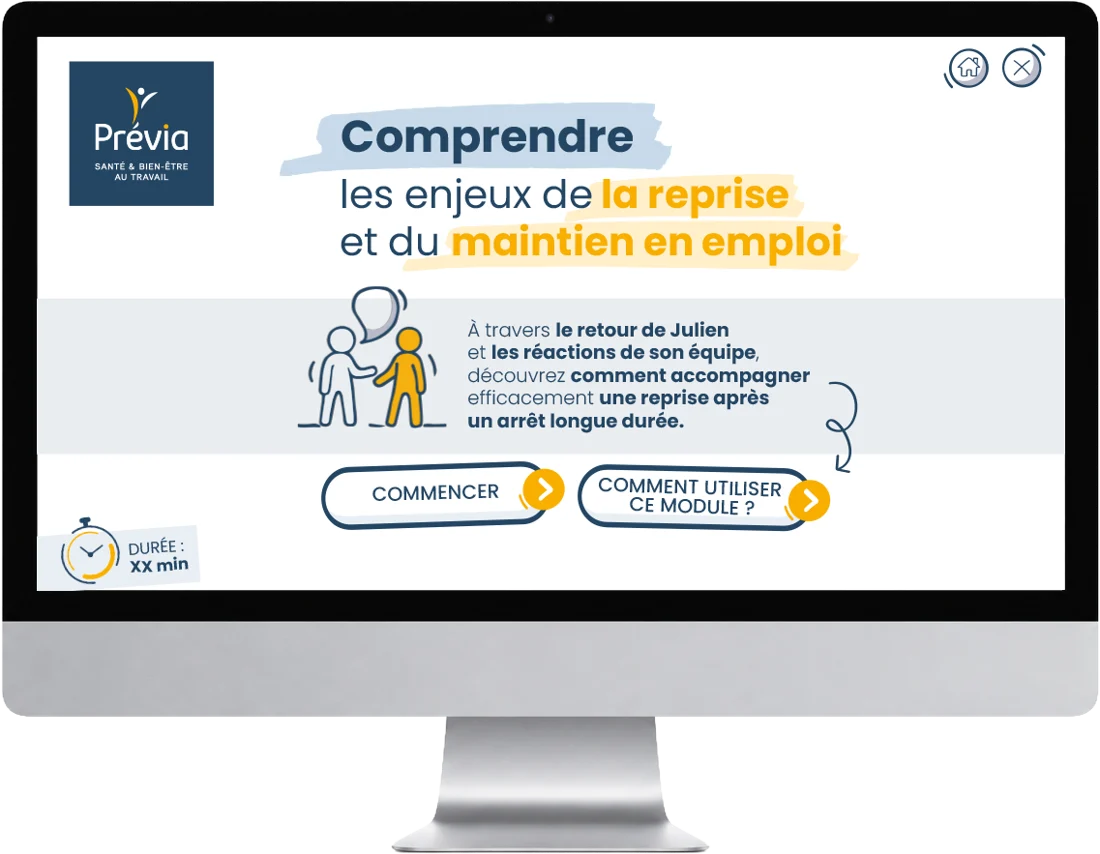 L'écran d'accueil d'un module e-learning, santé au travail, conçu par Les Façonautes